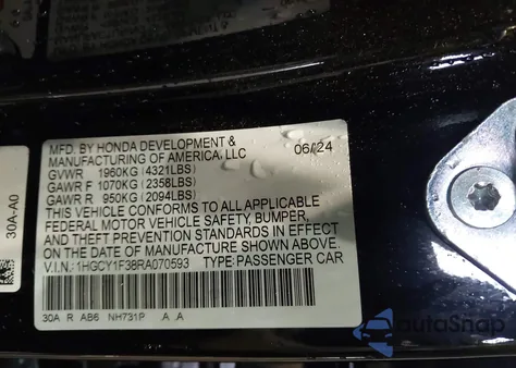 2024 Honda Accord Ex z USA, uszkodzony, nr VIN 1HGCY1F38RA070593